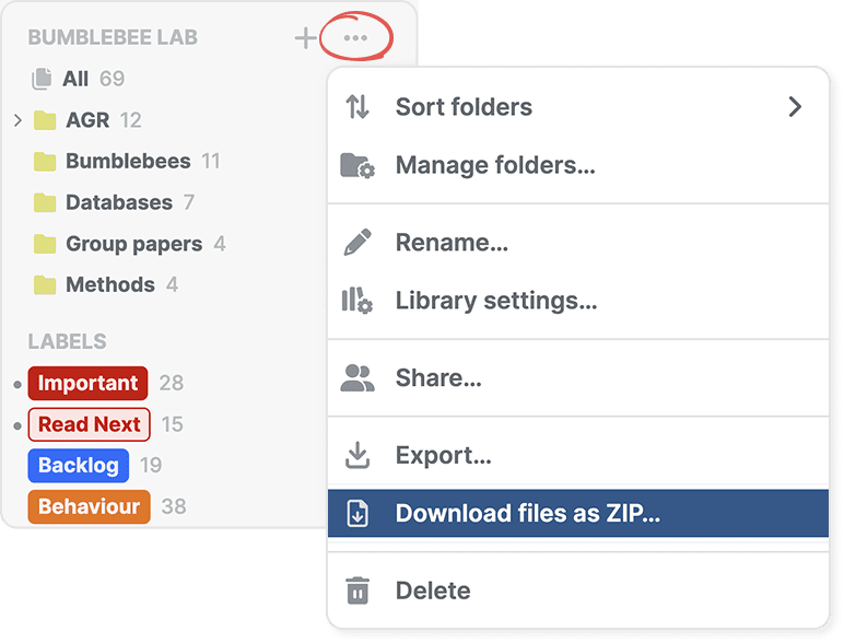 The circled three-dot menu beside the Bumblebee Lab shared library header, open with “Download files as ZIP…” highlighted below Sort folders, Manage folders…, Rename…, Library settings…, Share… and Export…